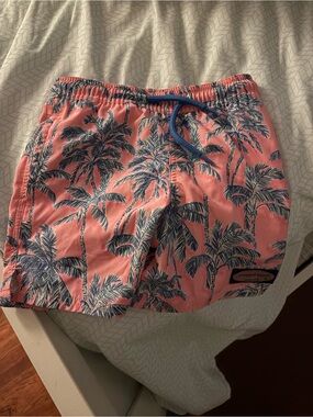 Vineyard Vines Coral Swim Shorts with Blue Palm Print